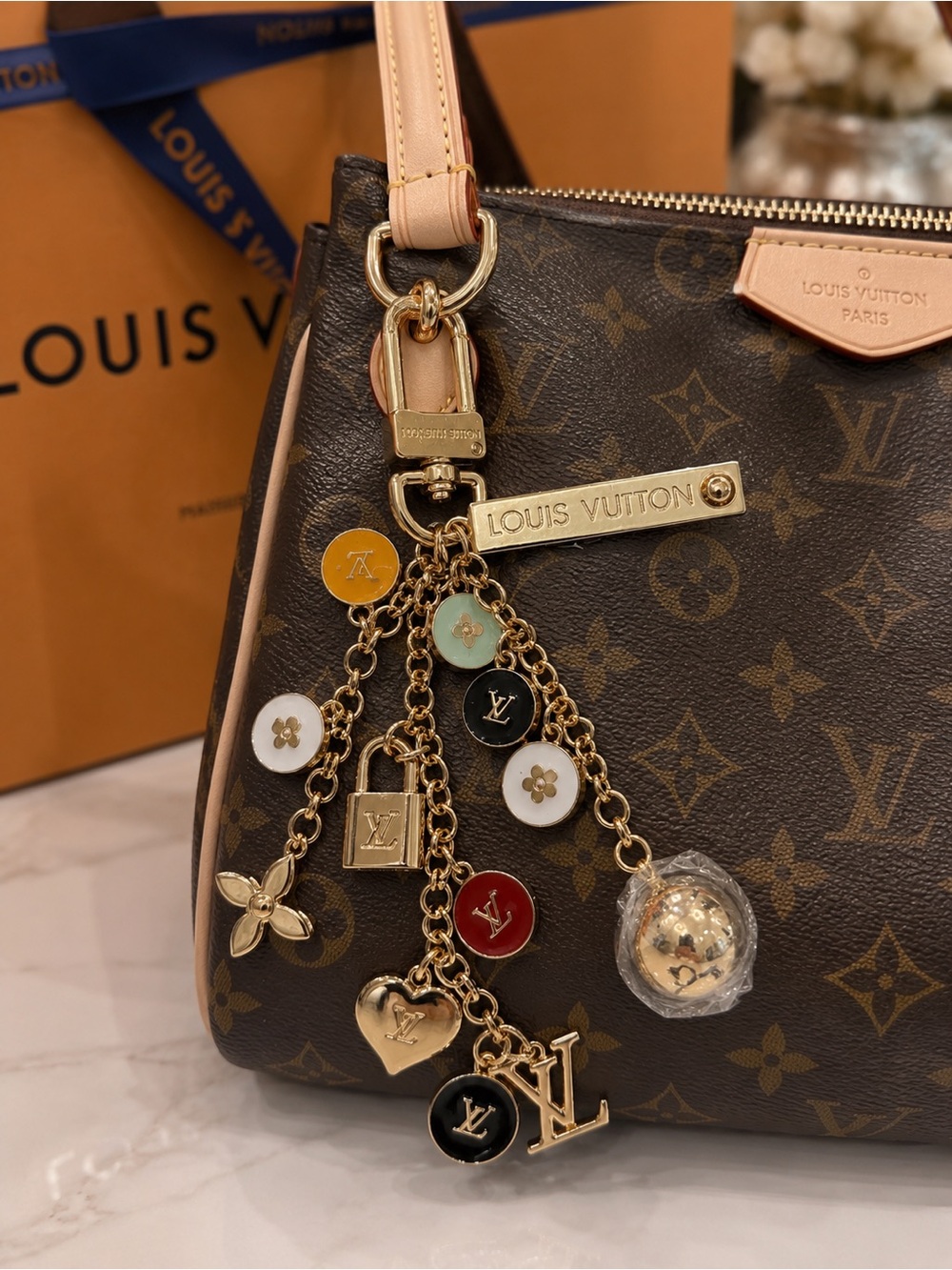 Louis Vuitton stamped Gold-Tone Multicolor Charm Keychain/ bag charmEnamel Discs